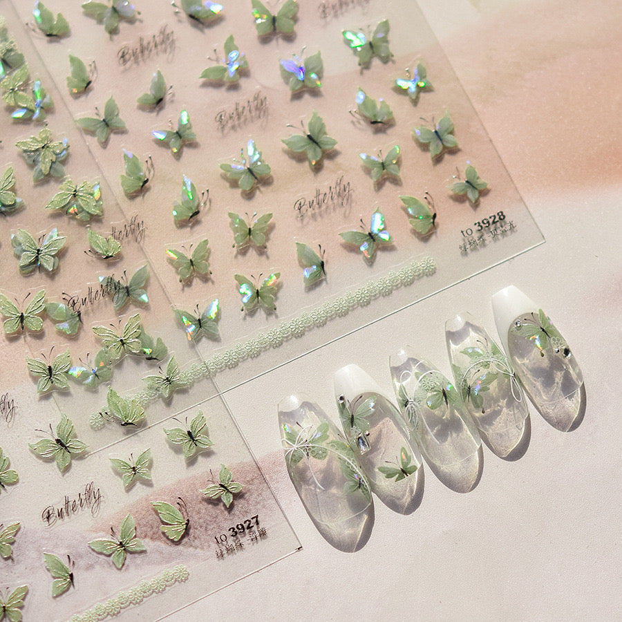 Hello Claws | Crystal Green Butterfly 5D Embossed Pattern Design Nail Deco Sticker